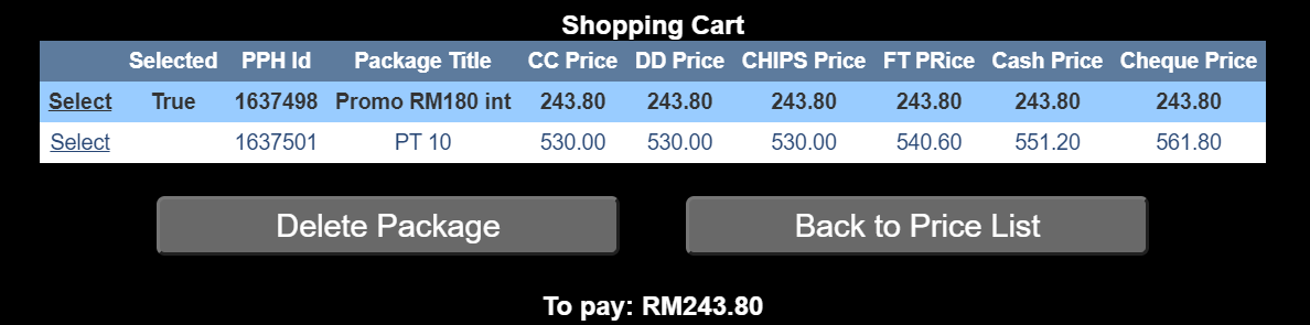 Shopping Cart after the first item has been selected