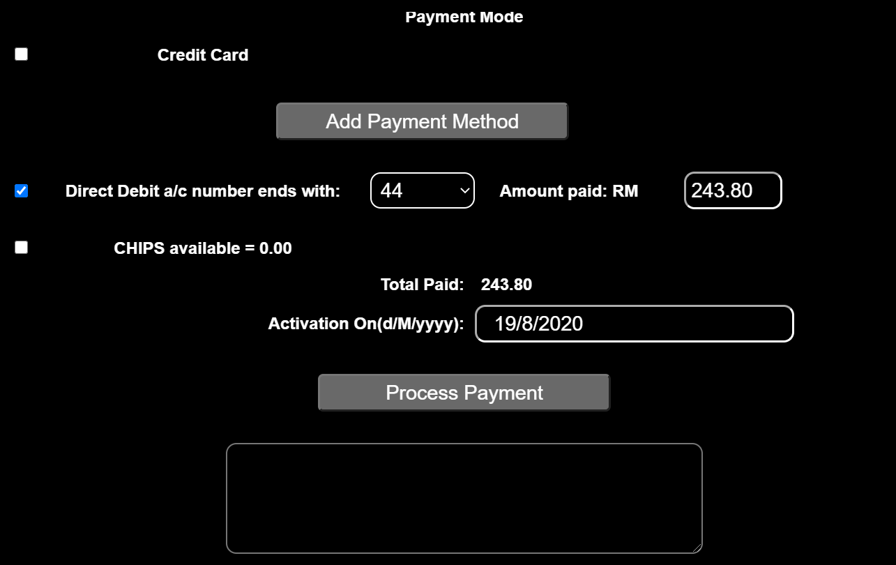 Payment Methods after selecting Direct Debit