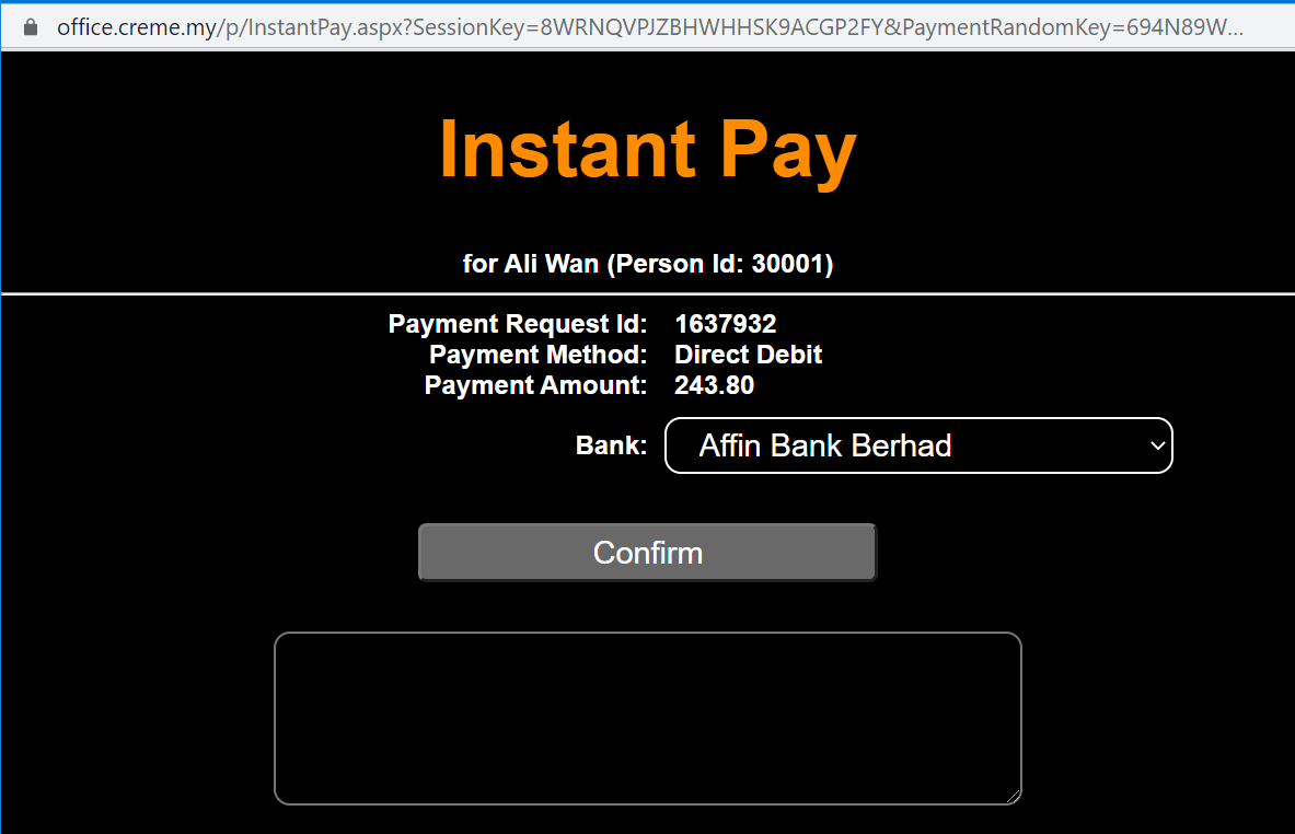 The RequestForm (InstantPay.aspx) pops up