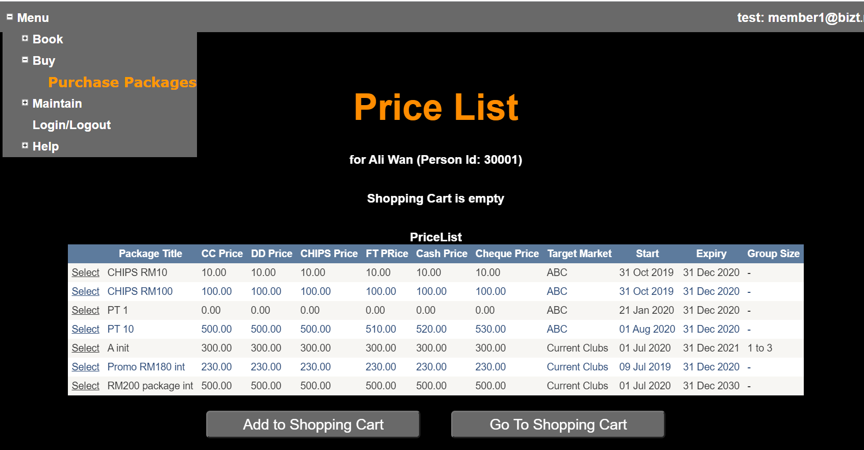 Click on Purchase Packages