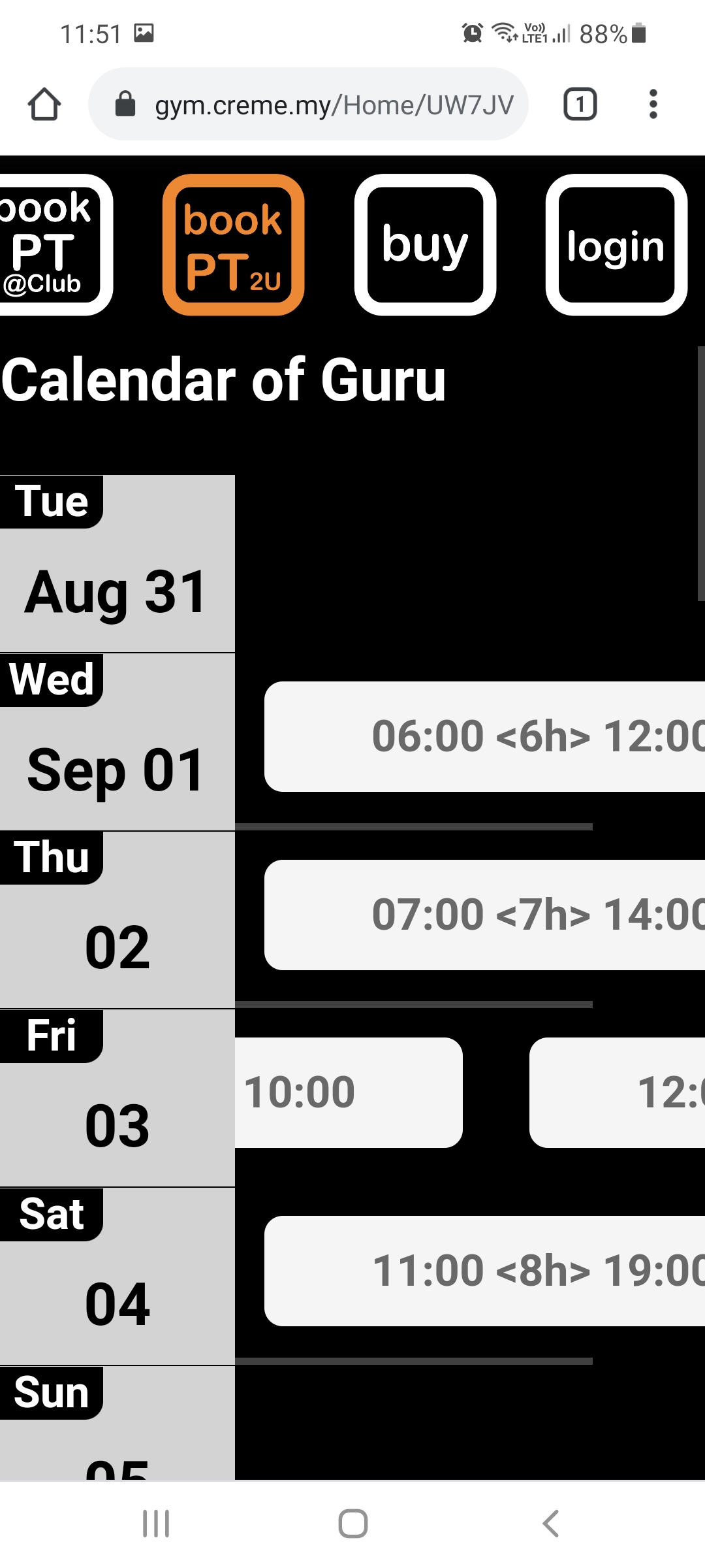This image shows a trainer calendar with some gaps scrolled to the left.