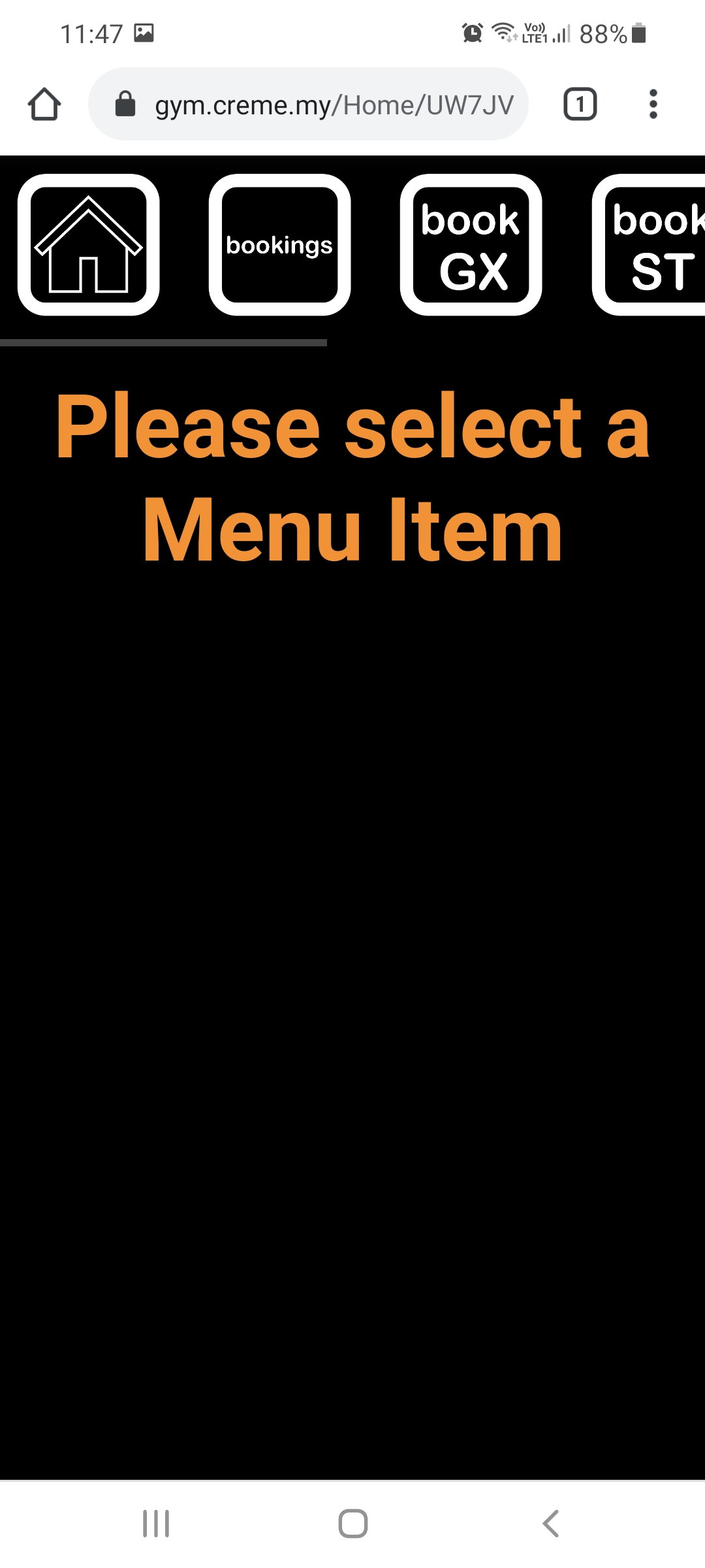 The Home page displays a scrollable menu at the top of the page.